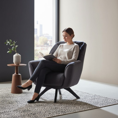 Fauteuil moderne de couleur noire pour salon en textile de design luxueux.