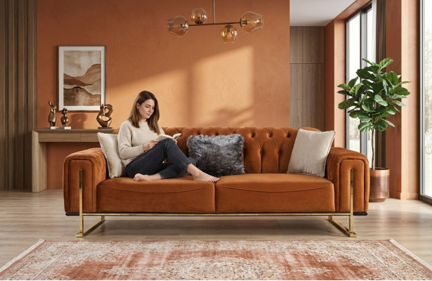 Canapé Chesterfield de luxe 3 places Marron cognac Canapés en tissu d'ameublement