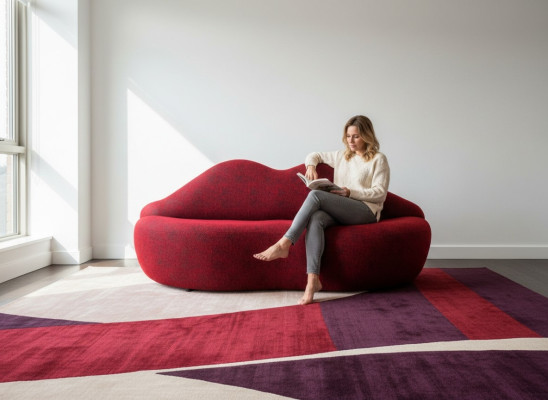 Designer canapé 3 places de couleur rouge en forme de lèvres avec des coussins de siège élégants