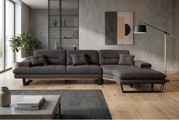Canapé d'angle gris design en forme de L, mobilier moderne pour le salon, canapé d'angle.