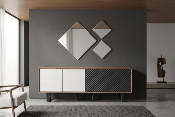 Ensemble de salle à manger moderne composé de 4 pièces. Bahut avec 3 miroirs nouveauté.