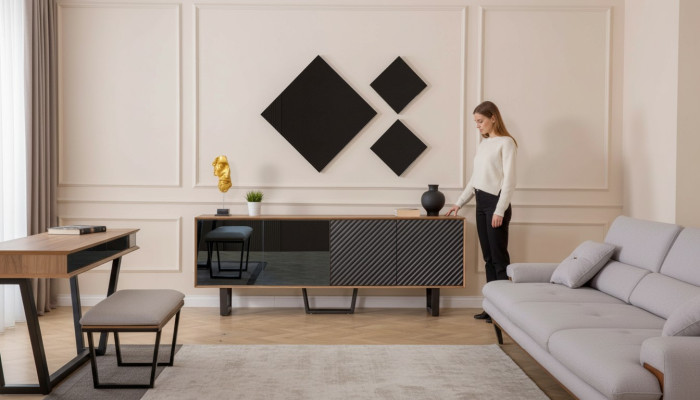 Ensemble salle à manger de designer 4 pièces Buffet avec 3 miroirs Style moderne neuf