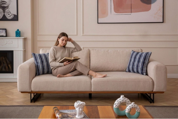 Canapé design 3 places Tissu d'ameublement Moderne Beige 230cm Sofa