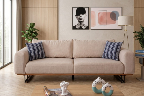 Canapé design 3 places Tissu d'ameublement Moderne Beige 230cm Sofa