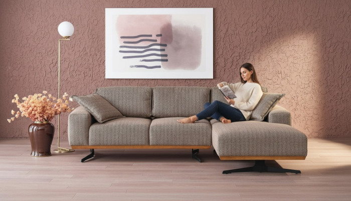 Canapé d'angle de luxe en forme de L, meuble moderne pour salon en gris.