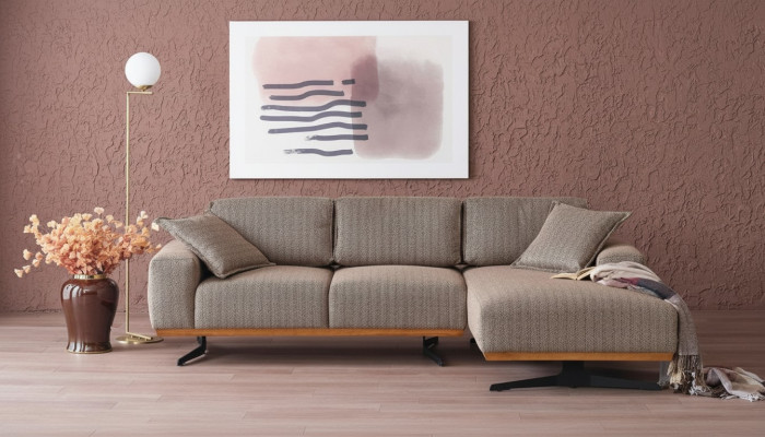 Canapé d'angle de luxe en forme de L, meuble moderne pour salon en gris.