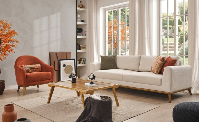 Ensemble de canapé 3 + 1 place Mobilier design Canapé beige en textile 2 pièces