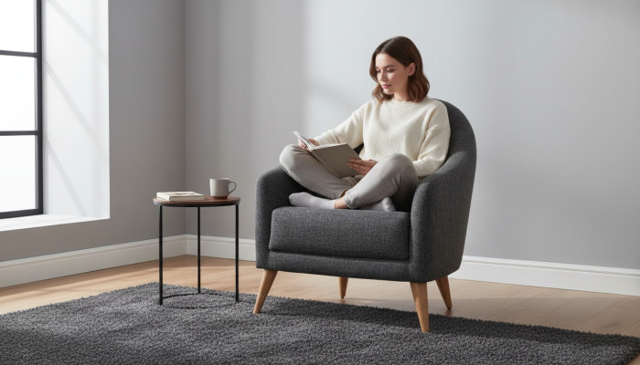 Fauteuil design rembourré en tissu gris de luxe pour salon lounge club