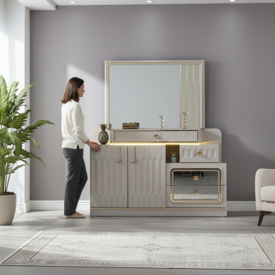 Commode de luxe avec miroir Mobilier de chambre de style Buffet blanc Meuble de commode