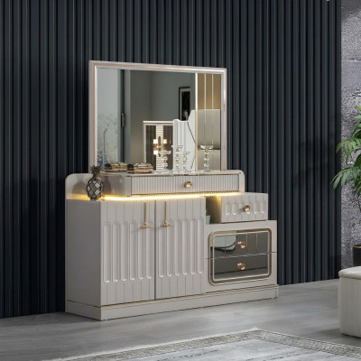 Commode de luxe avec miroir Mobilier de chambre de style Buffet blanc Meuble de commode