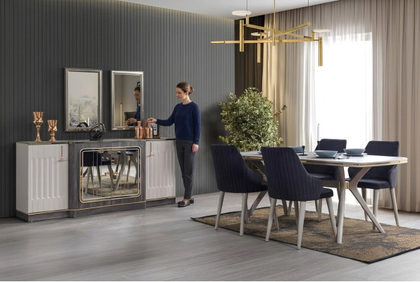 Ensemble de salle à manger de luxe Table à manger + 6x chaises + Buffet avec 2x miroirs nouvel ensemble