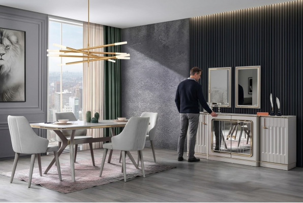 Salle à manger Ensemble Suite Buffet avec 2x Miroir Table 6x Chaise 10pcs.