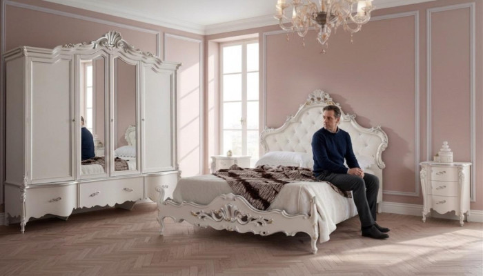 Ensemble de chambre blanche Classique avec lit 2x tables de chevet Armoire