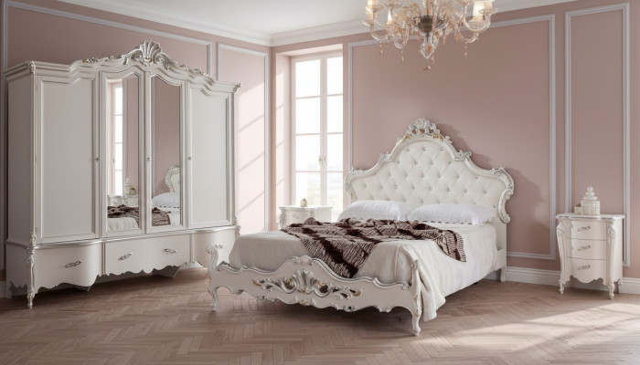 Ensemble de chambre blanche Classique avec lit 2x tables de chevet Armoire