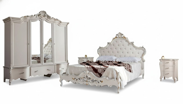 Ensemble de chambre blanche Classique avec lit 2x tables de chevet Armoire