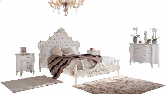 Blanc Chambre Suite Lit 2x Tables de chevet Commodes Bois Ensemble 4 pièces
