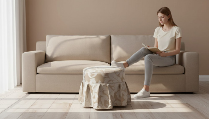 Tabouret rembourré rond de luxe gris, en tissu Ottoman de meubles rembourrés.
