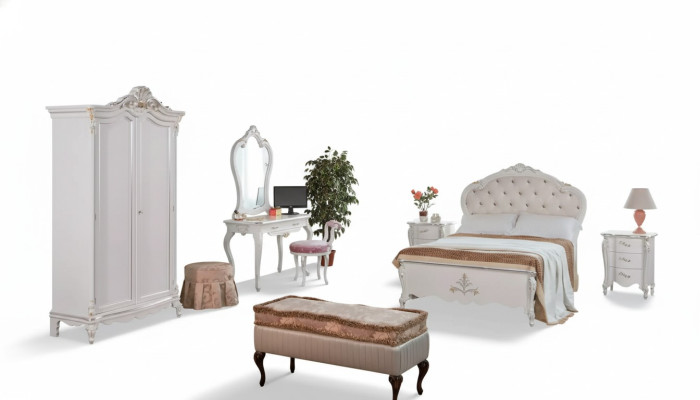 Ensemble de chambre complète Lit Tables de chevet Armoire Tabouret 8 pièces