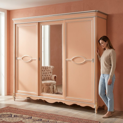 Armoire de chambre beige à 3 portes en bois massif Meuble classique