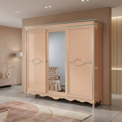Armoire de chambre beige à 3 portes en bois massif Meuble classique