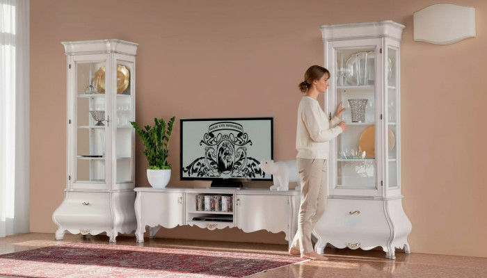 Mur Blanc Salle de séjour de luxe Meuble mural 2x Vitrines TV Buffet basique Classique