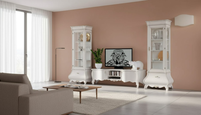 Mur Blanc Salle de séjour de luxe Meuble mural 2x Vitrines TV Buffet basique Classique