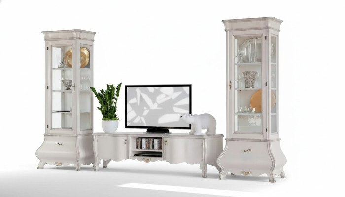 Mur Blanc Salle de séjour de luxe Meuble mural 2x Vitrines TV Buffet basique Classique