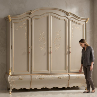 Grande armoire classique à quatre portes en bois massif de luxe.