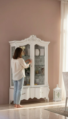 Vitrine de salon italien Armoire de meuble de salon Vitrine en verre blanc.