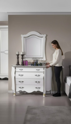 Commode en bois complet avec miroir, décor de meuble classique 2 pièces