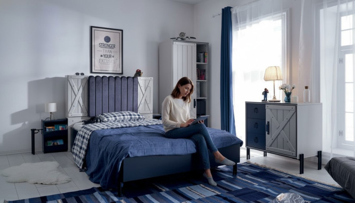 Luxury Modern Blue Bedroom Set Bed Chest of drawers Bookshelf Wood new 3pcs  Ensemble de chambre à coucher moderne de luxe en bleu avec lit, commode, bibliothèque en bois neuf 3 pièces