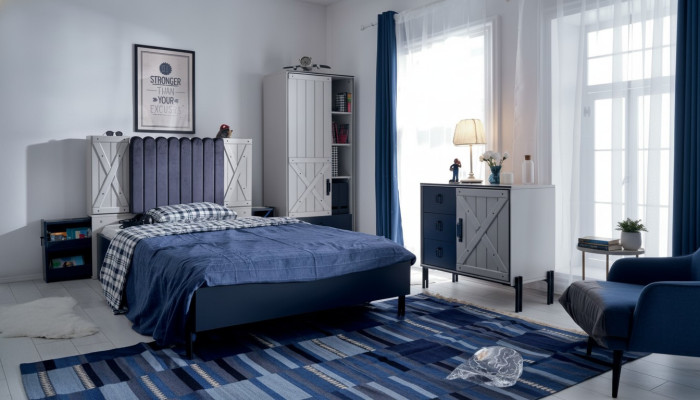 Luxury Modern Blue Bedroom Set Bed Chest of drawers Bookshelf Wood new 3pcs  Ensemble de chambre à coucher moderne de luxe en bleu avec lit, commode, bibliothèque en bois neuf 3 pièces