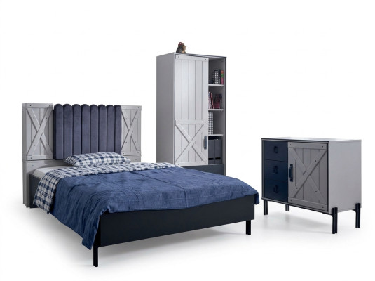 Luxury Modern Blue Bedroom Set Bed Chest of drawers Bookshelf Wood new 3pcs  Ensemble de chambre à coucher moderne de luxe en bleu avec lit, commode, bibliothèque en bois neuf 3 pièces