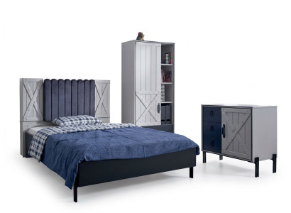 Luxury Modern Blue Bedroom Set Bed Chest of drawers Bookshelf Wood new 3pcs  Ensemble de chambre à coucher moderne de luxe en bleu avec lit, commode, bibliothèque en bois neuf 3 pièces