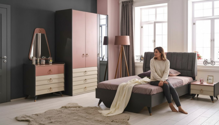 Ensemble de chambre de luxe Lit Table de chevet Armoire Commode Miroir nouveau
