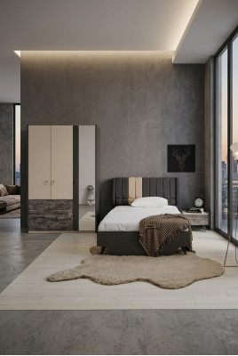 Ensemble de chambre luxueux et stylé comprenant le lit Delta, la table de chevet et l'armoire.