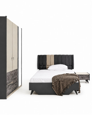 Ensemble de chambre luxueux et stylé comprenant le lit Delta, la table de chevet et l'armoire.