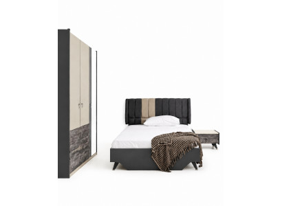 Ensemble de chambre luxueux et stylé comprenant le lit Delta, la table de chevet et l'armoire.