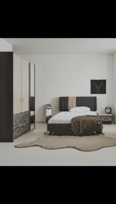 Luxueux ensemble de chambre grise élégante moderne lit table de chevet nouveau