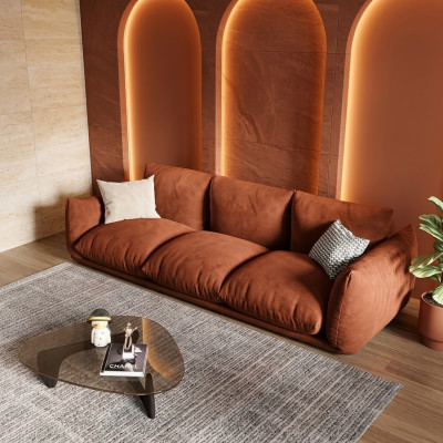 Canapé 3 places en tissu et en bois, marron moderne. Canapé rembourré de luxe, nouveau.