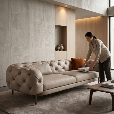 Canapé 3 places luxueux Beige Revêtement en tissu Canapés Design Imitation cuir neufs Modernes