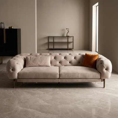 Canapé 3 places luxueux Beige Revêtement en tissu Canapés Design Imitation cuir neufs Modernes