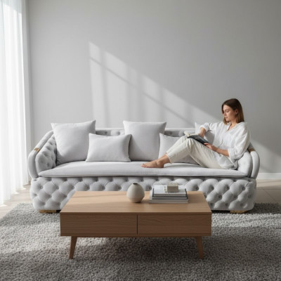 canapé en tissu Chesterfield de luxe gris de designer luxueux à trois places moderne et neuf