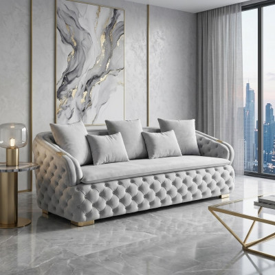 canapé en tissu Chesterfield de luxe gris de designer luxueux à trois places moderne et neuf