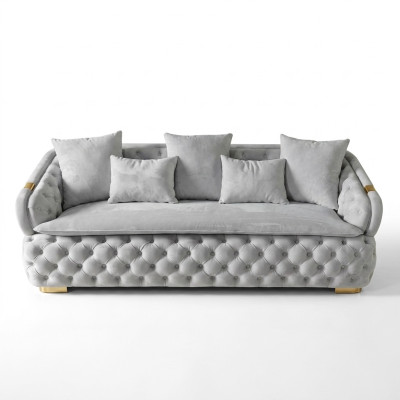 canapé en tissu Chesterfield de luxe gris de designer luxueux à trois places moderne et neuf