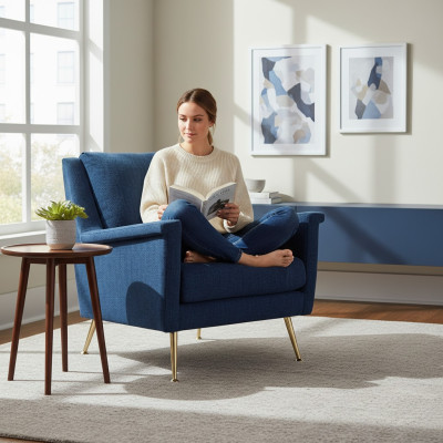 Conception Luxueuse Chaise Bleue Fauteuil Canapé 1 Place Canapé TV Tissu Textile