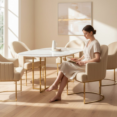Chaises de salle à manger Salon luxueux Chaise beige avec métal Moderne nouvelle