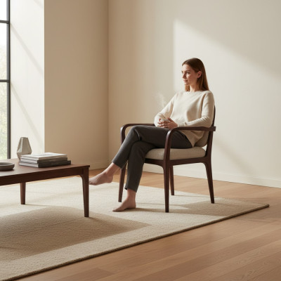 Chaise rembourrée grise de designer. Meubles de salle à manger. Cadre en bois marron. Fauteuil avec accoudoirs.