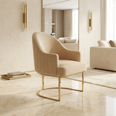 Chaise de salle à manger beige, designer, une place, meuble textile, chaises rembourrées.