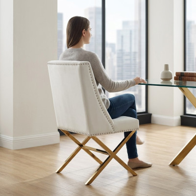 Chaise de salle à manger blanche, mobilier textile de designer, acier inoxydable, siège individuel en métal